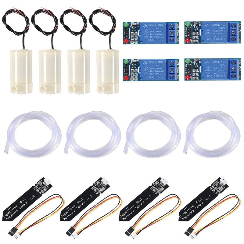 ALMOCN automatic irrigation DIY kit with four capacitive soil moisture sensors, relay modules, water pumps, and tubing