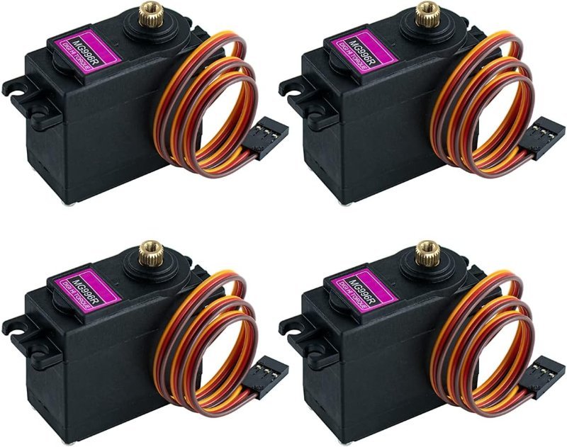 Four MG996R metal gear servo motors with horns and mounting hardware