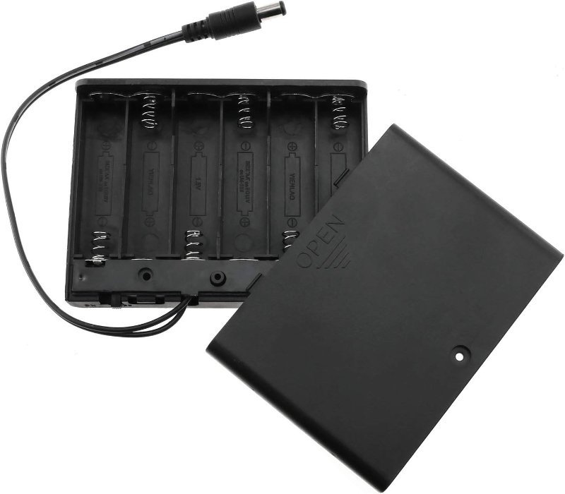 6xAA enclosed battery box with on/off switch and 5.5x2.1mm DC barrel plug