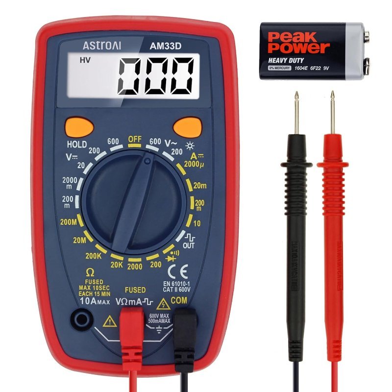 AstroAI digital multimeter with red and black test probes