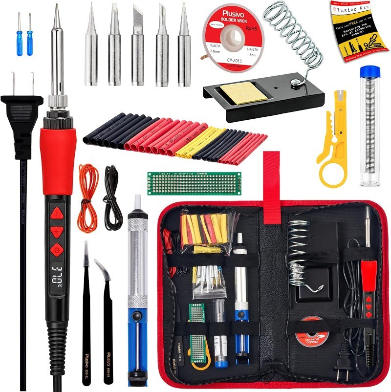 Plusivo 60W digital soldering iron kit with tips, solder, pump and carry case