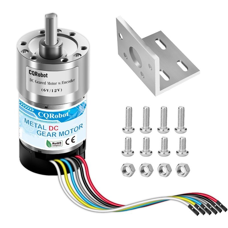 CQRobot 270:1 37mm metal DC gearmotor with an integrated 64 CPR quadrature Hall encoder and mounting bracket