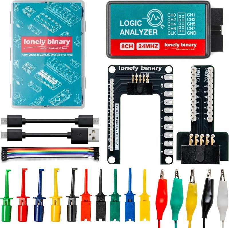 LONELY BINARY 8-channel 24MHz USB logic analyzer kit with test clips and breakout board